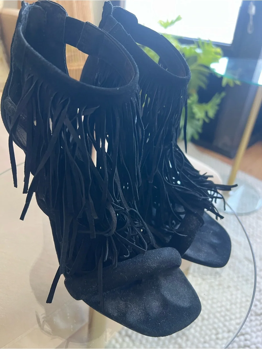 Steve Madden Fringly Fringe Heels Black Suede Stilettos Size 7.5